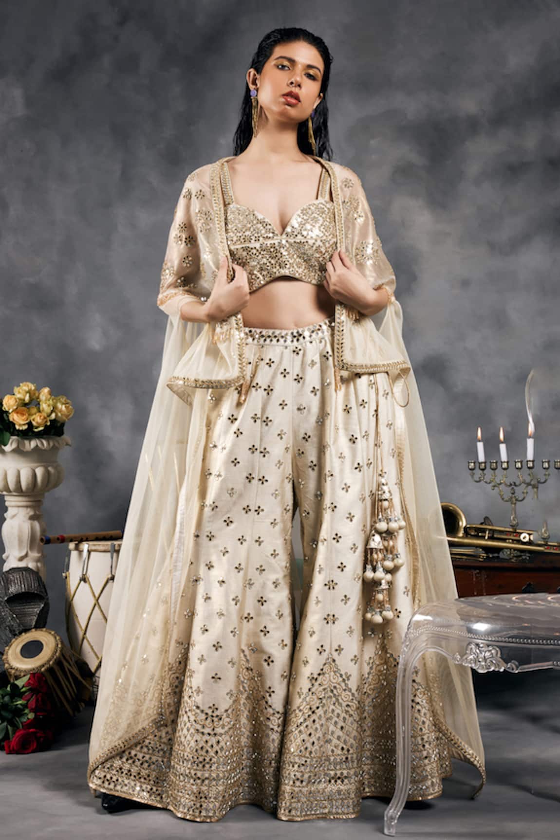 Vandana Sethi Ivory Shimmer Raw Silk Sharara Set 
