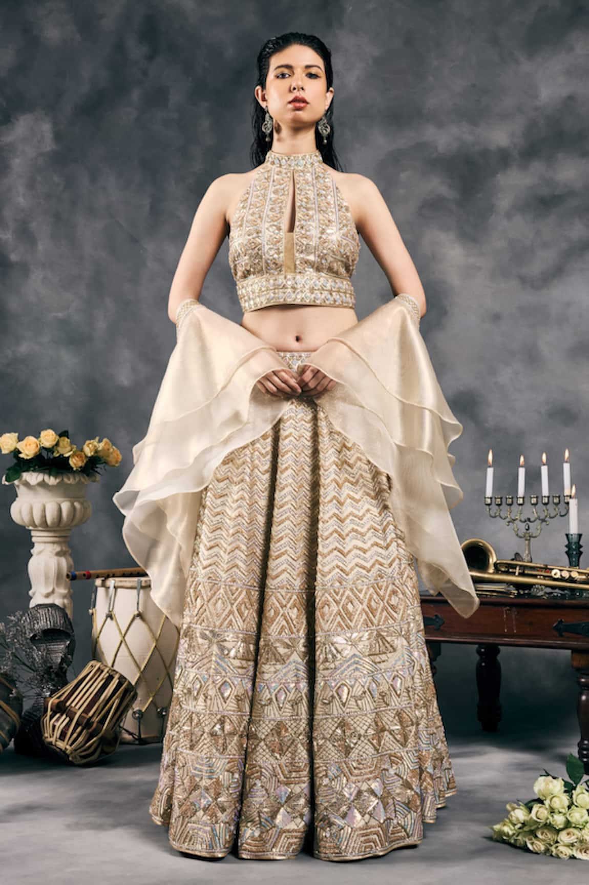 Vandana Sethi Ivory Shimmer Raw Silk Classic Lehenga Set 