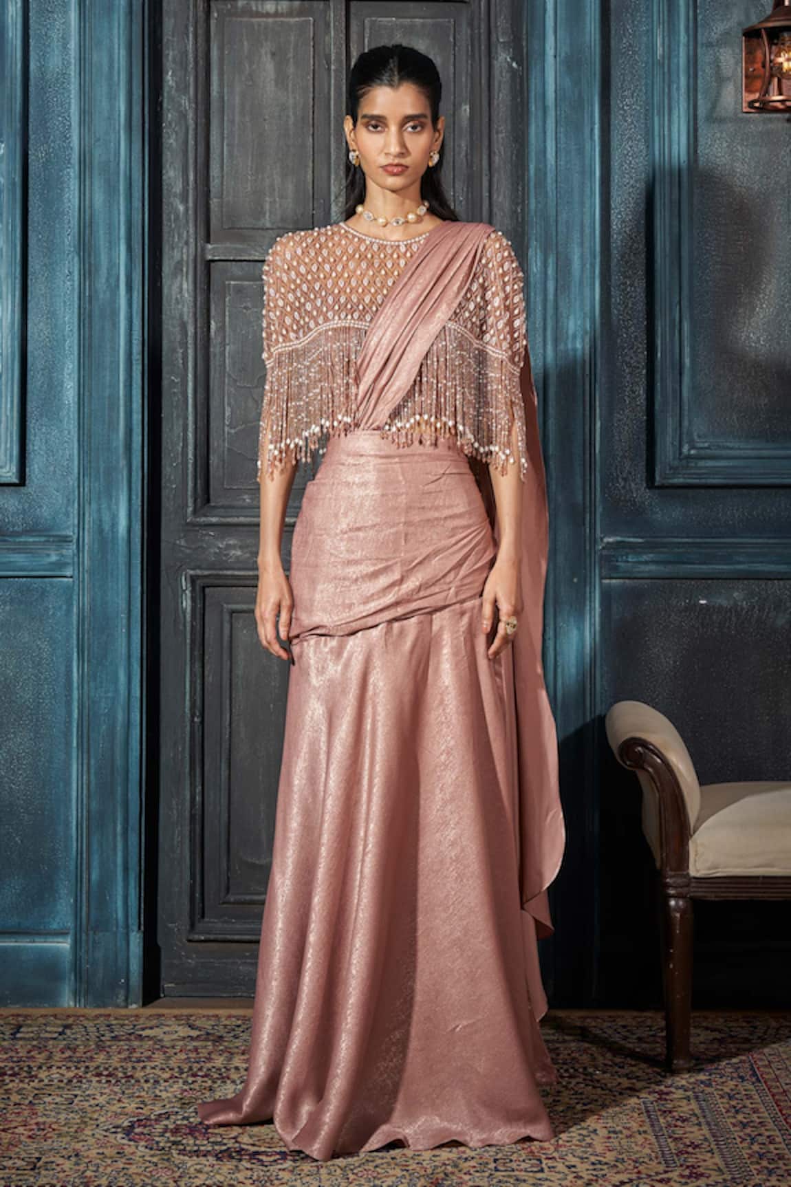 Rimple Agrawal Rose Gold Foil Crepe Pre-Draped Saree Set 