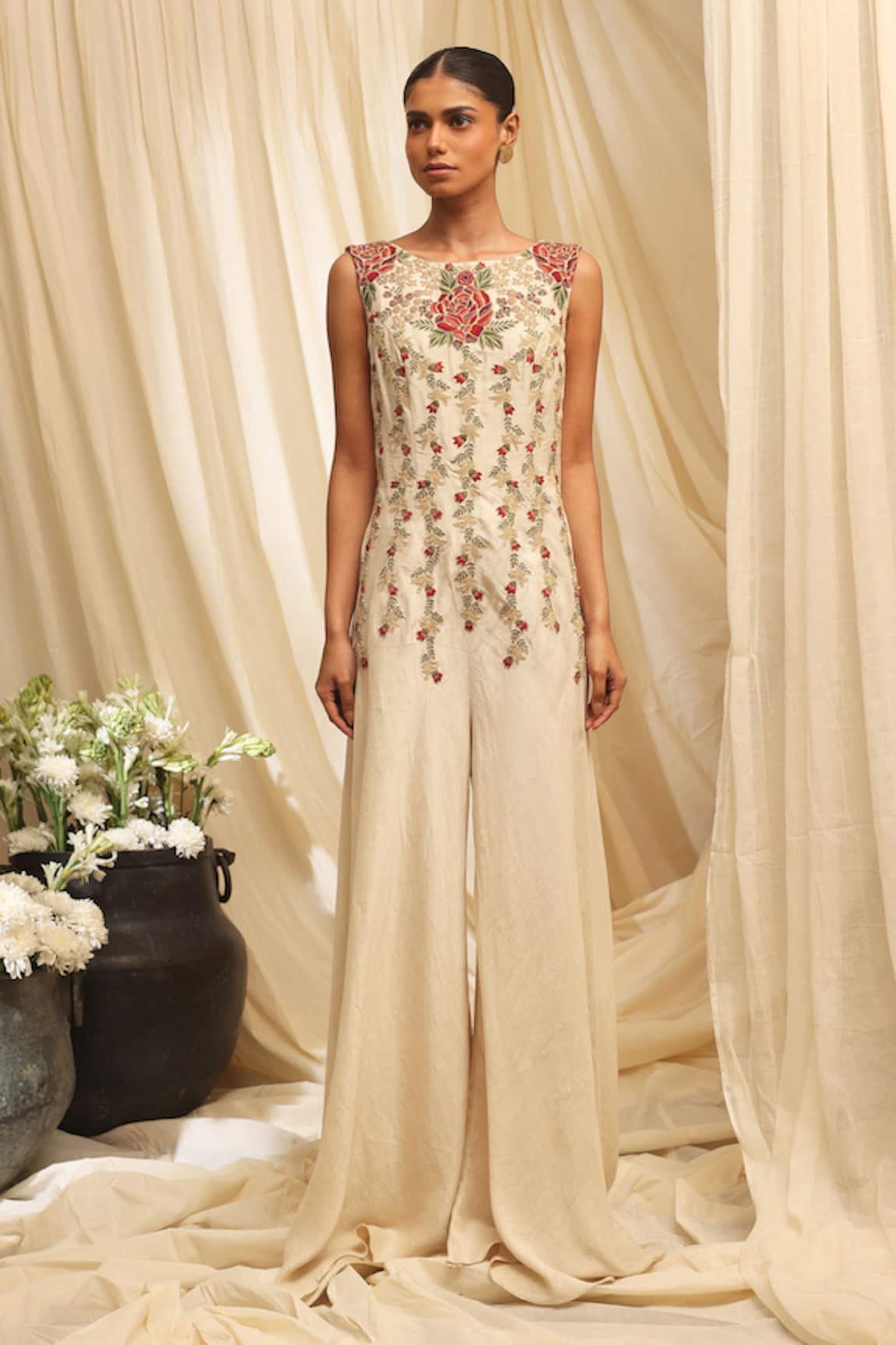 Ekru Embroidered Ivory Roseline Jumpsuit 