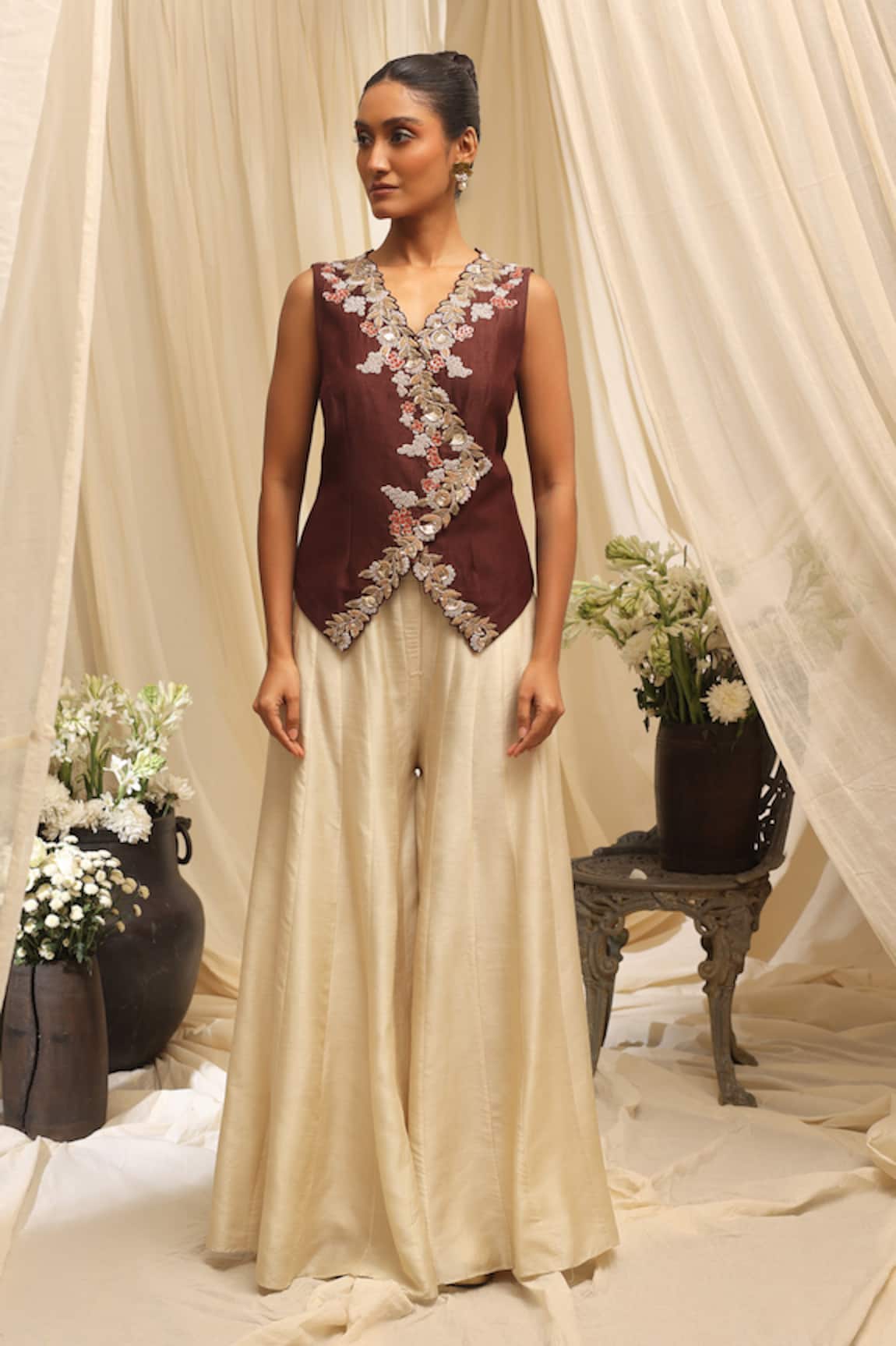 Ekru Golden Foliage Waistcoat Set 