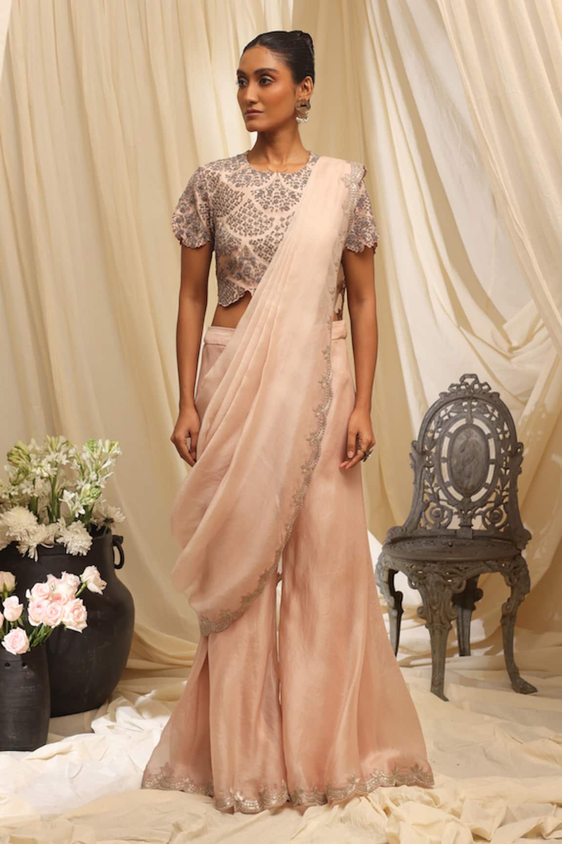 Ekru Bloom Wave Blouse & Sharara Set 