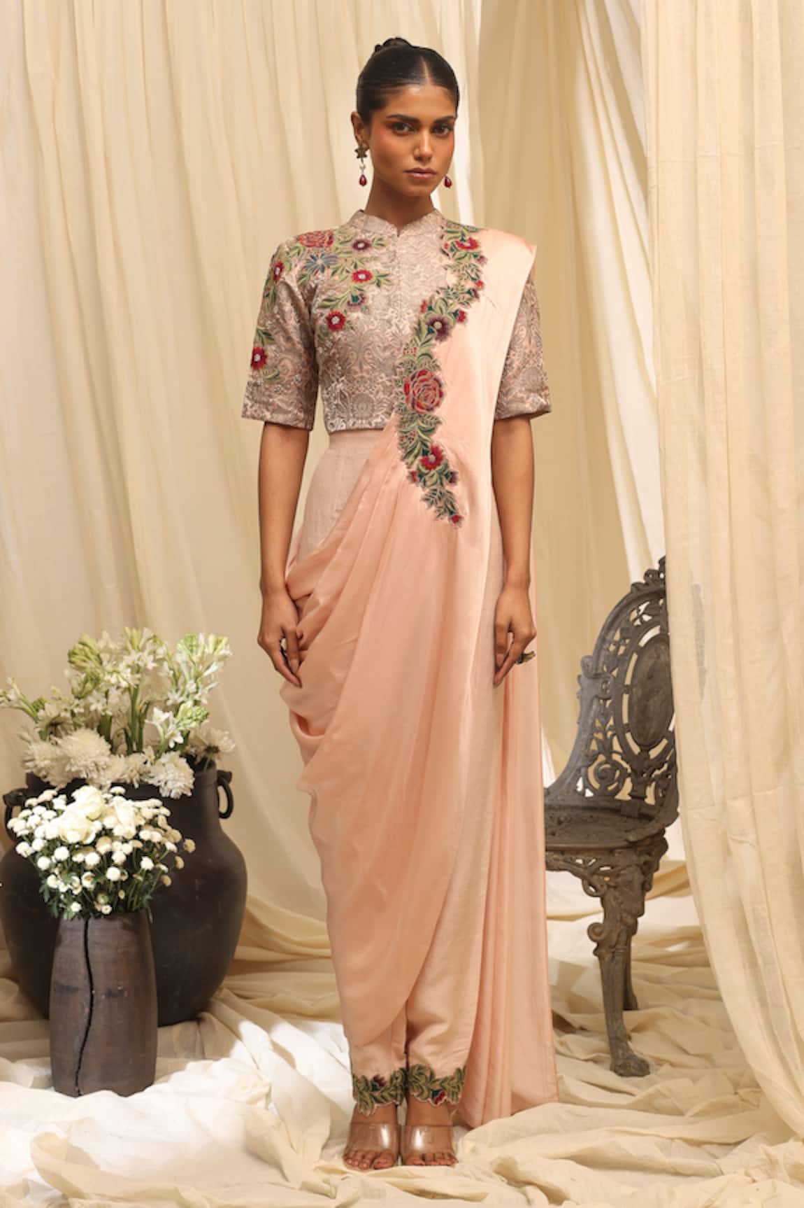 Ekru Hanging Rose Draped Saree Set 