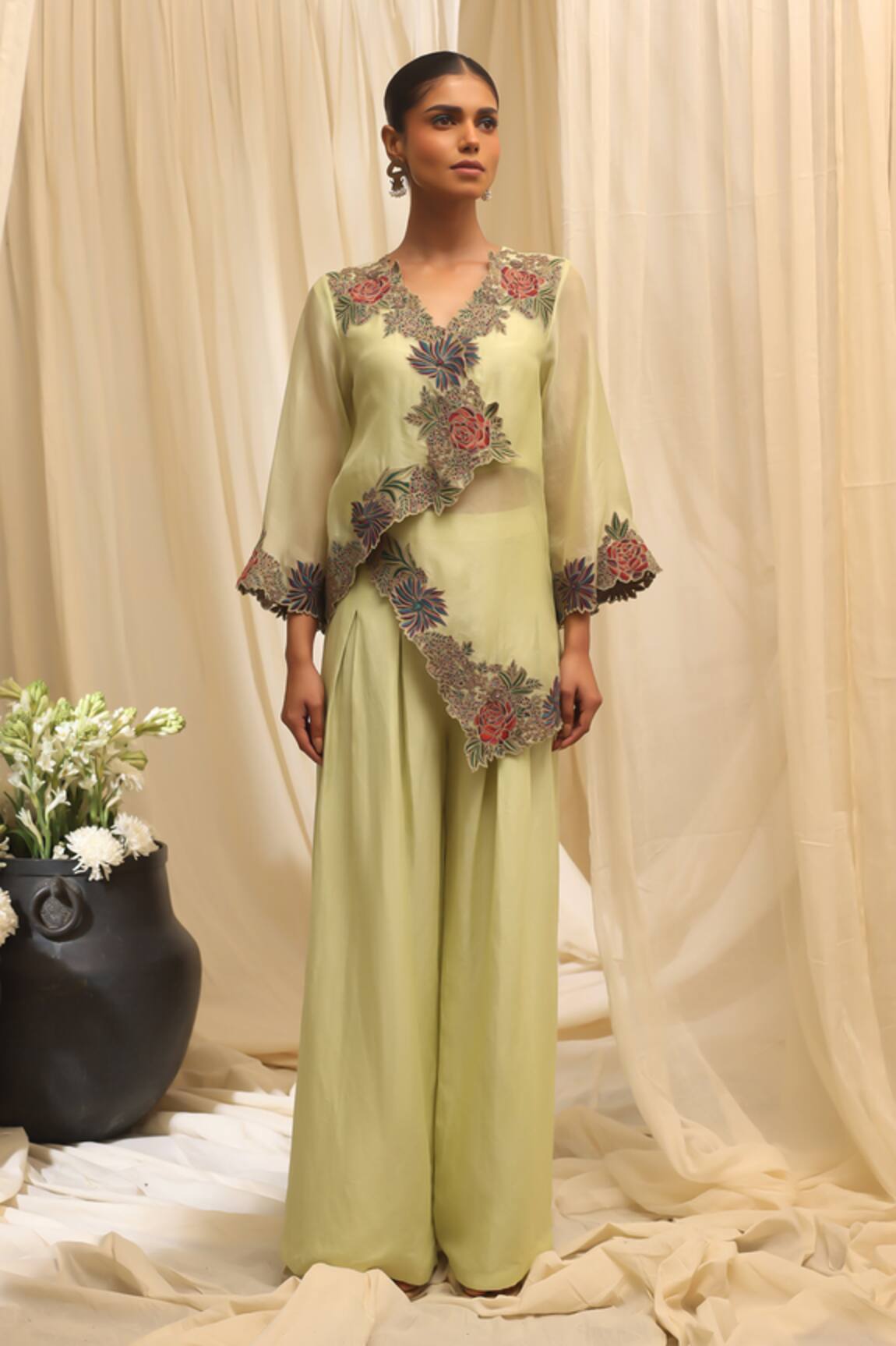 Ekru Floral Cascade Overlay Jacket & Pant Set 