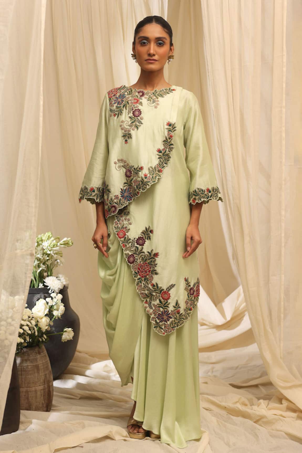 Ekru Geoflora Overlay Jacket & Drape Skirt Set 
