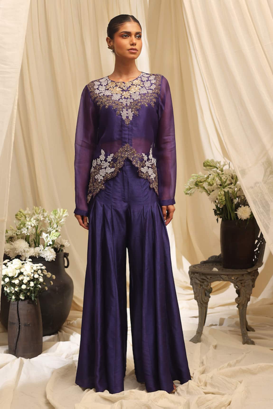Ekru Purple Organza Jacket & Pant Set 