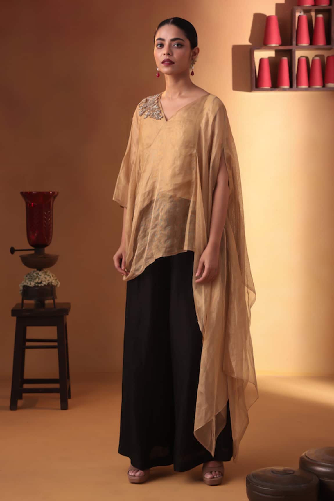 Ekru Gold & Black Draped Top With Palazzo 