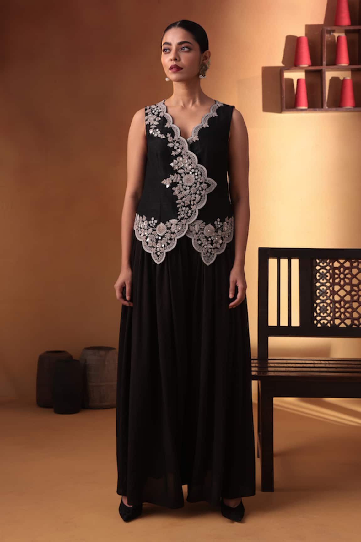 Ekru Zarqaa Black Waistcoat & Palazzo Set 