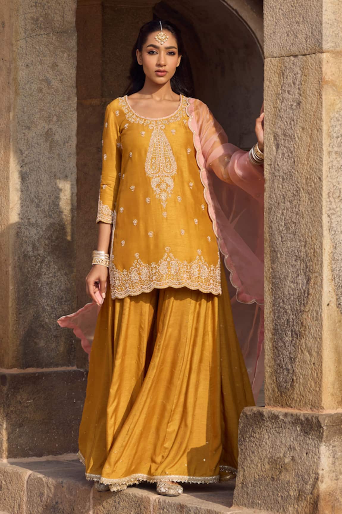 Kritika Dawar Yellow Paisley Embroidered Sharara Set 