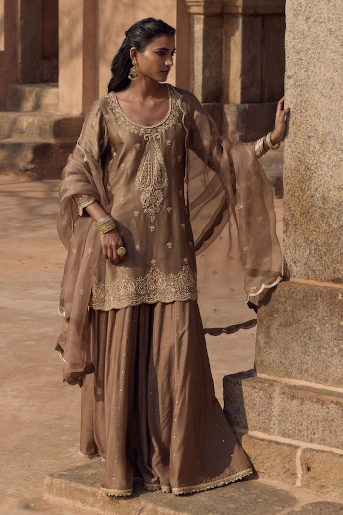 Kritika Dawar Mouse Grey Paisley Kurta Sharara Set 