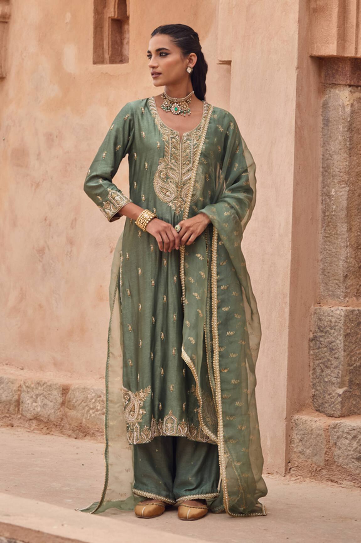 Kritika Dawar Embroidered Green Silk Kurta Set 