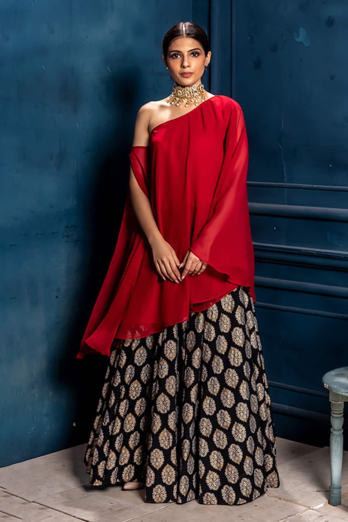 MONK & MEI BY SONIA ANAND Maroon One Shoulder Flared Tunic 