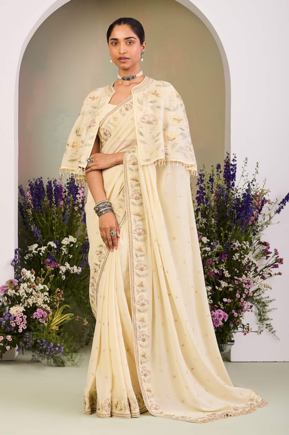 Sue Mue Light Yellow Embroidered Saree Set 