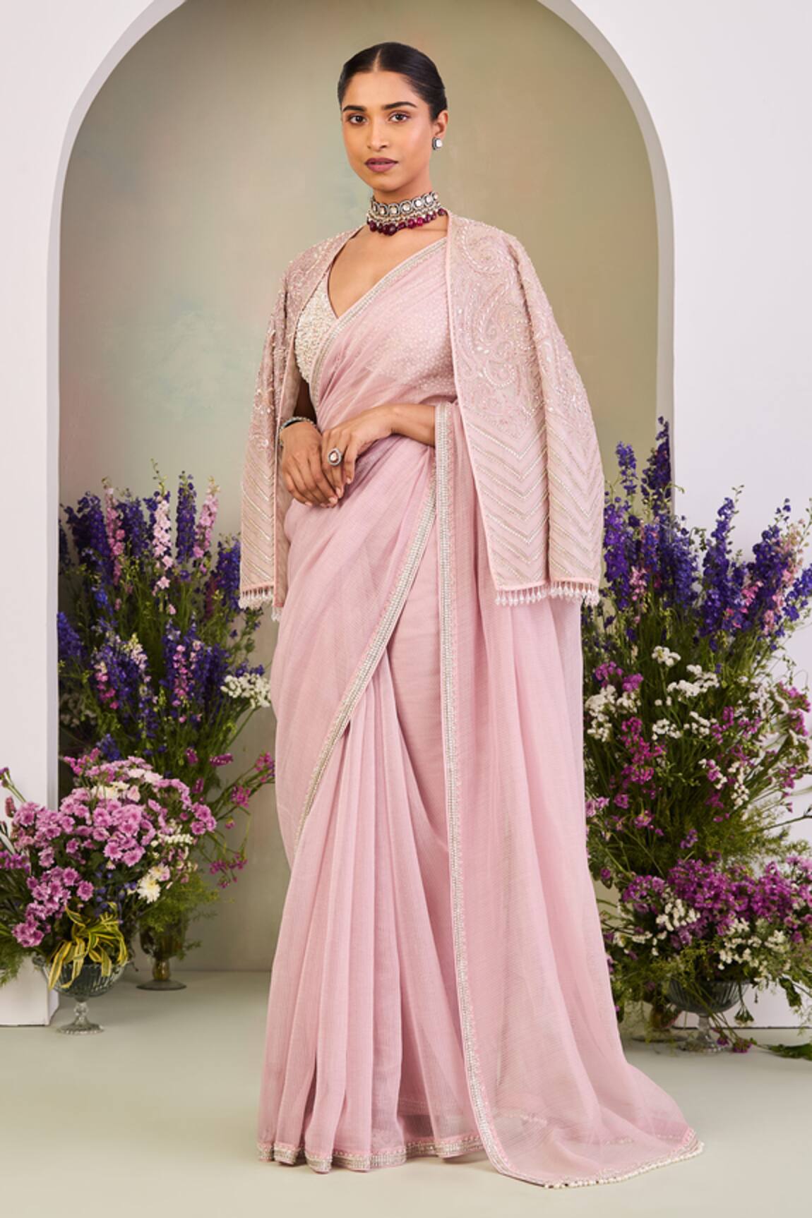 Sue Mue Pastel Pink Embroidered Saree Set 