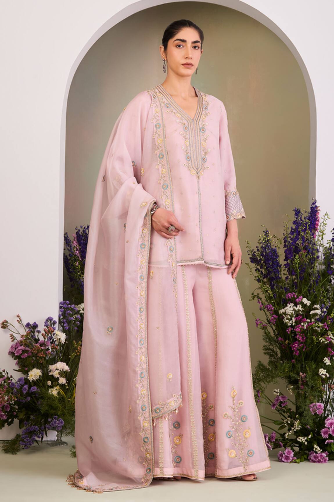 Sue Mue Pastel Pink Embroidered Kurta Set 