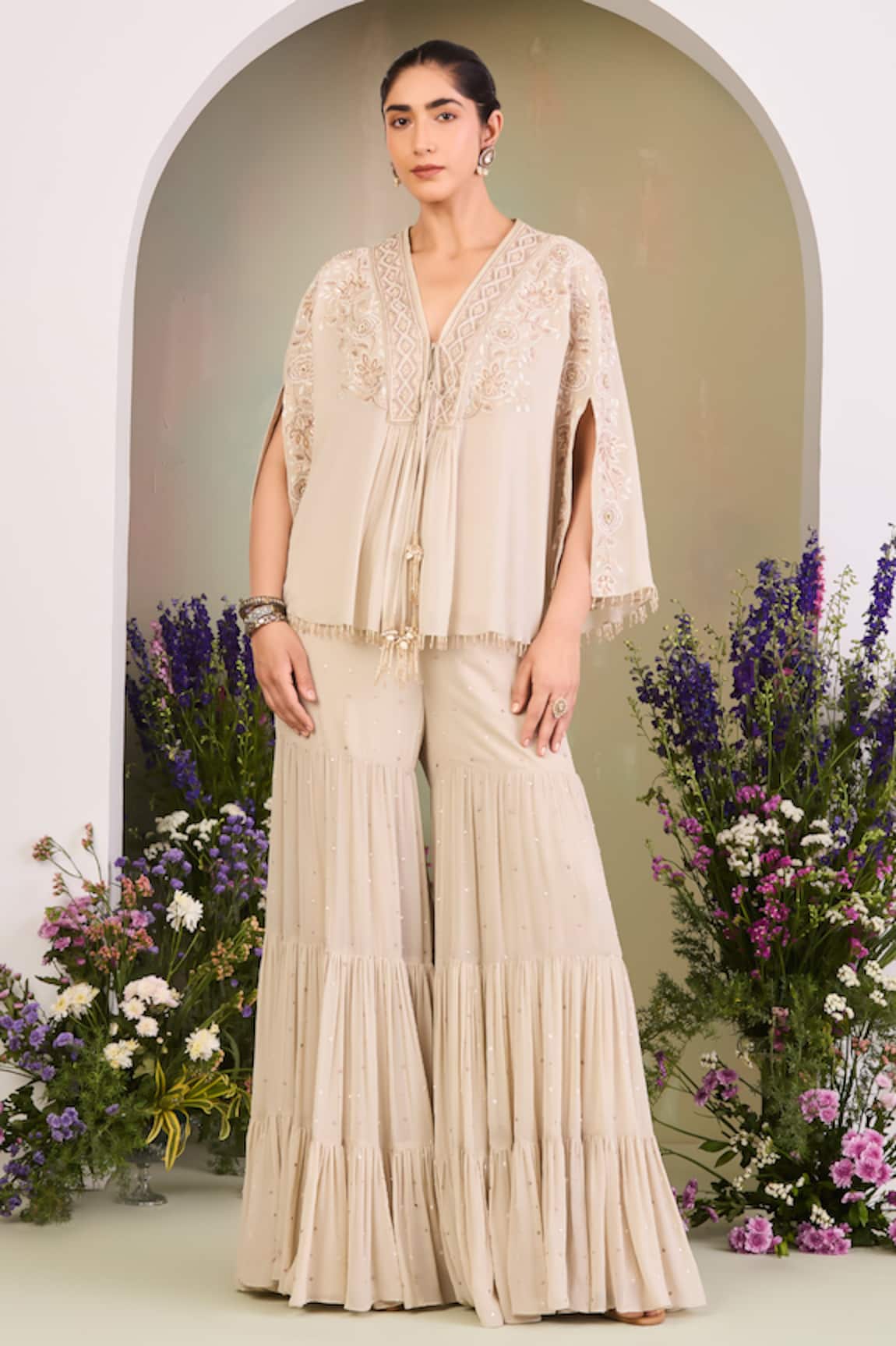 Sue Mue Embroidered Cape Gharara Set 
