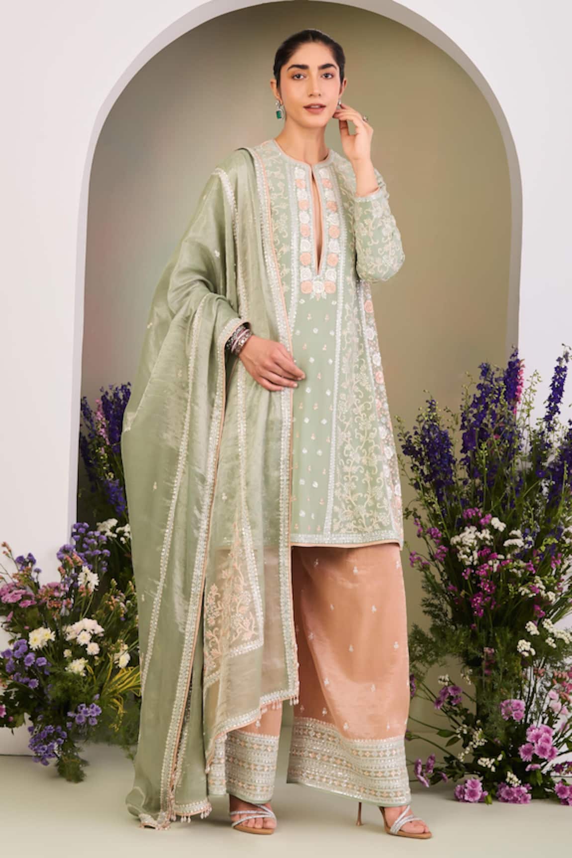 Sue Mue Sage Green Embroidered Kurta Set 