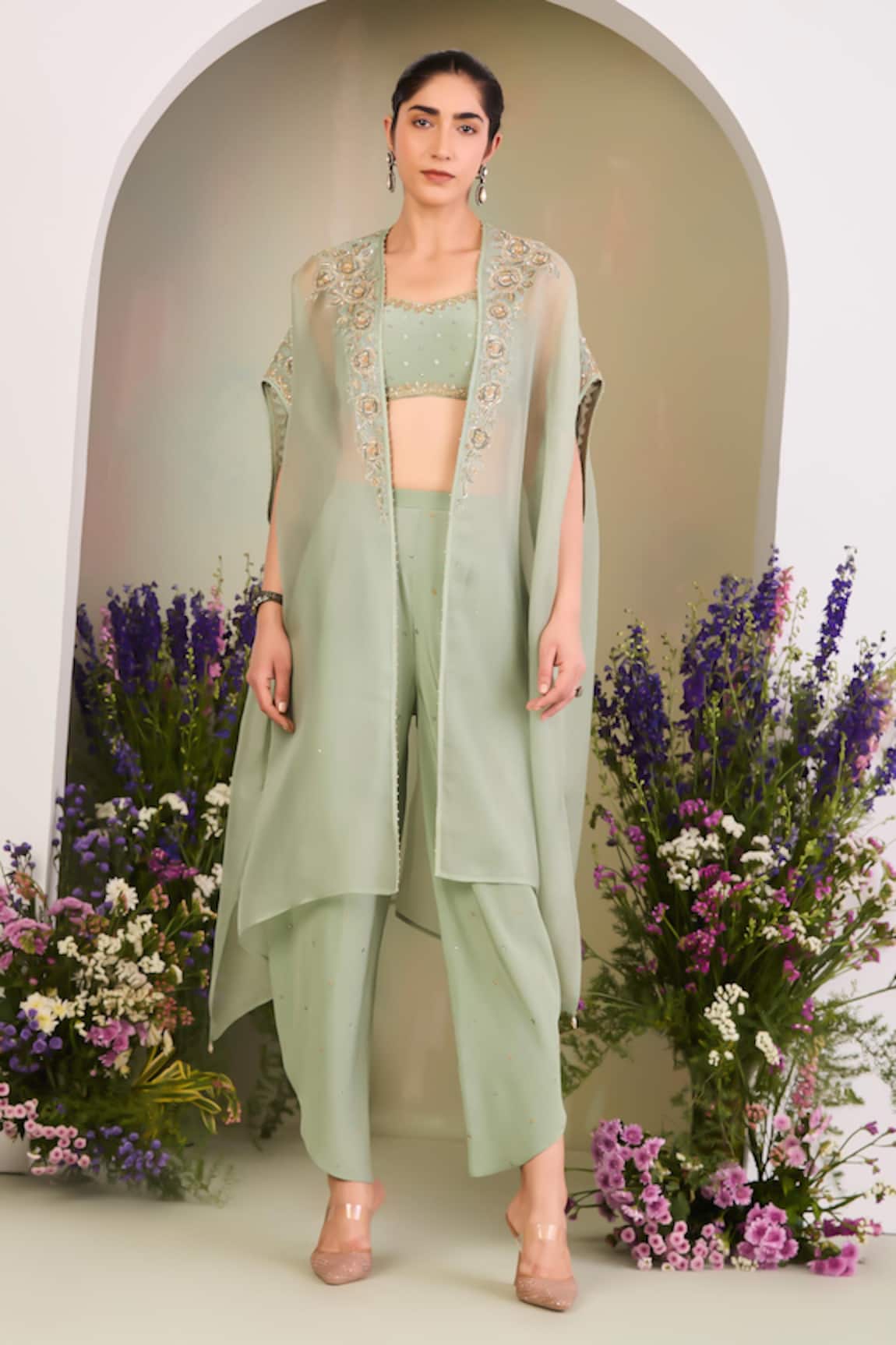 Sue Mue Sage Green Embroidered Cape & Pant Set 