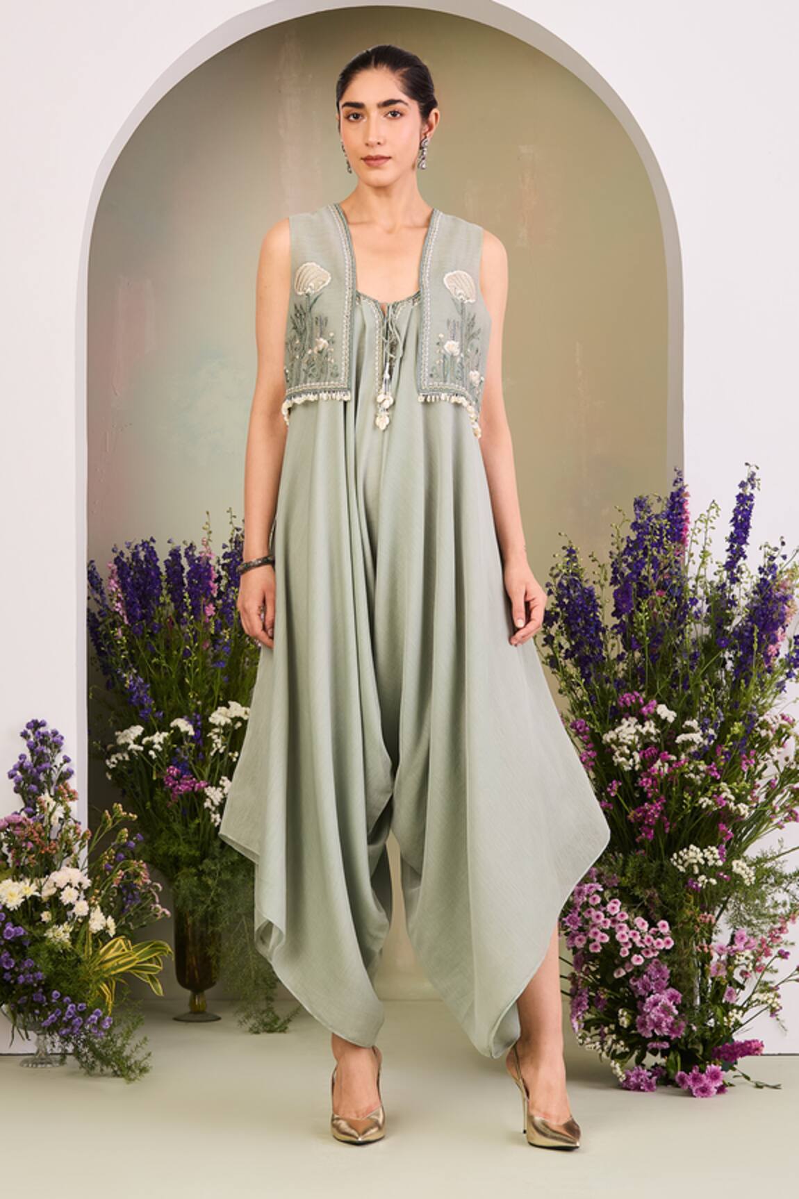 Sue Mue Sage Green Embroidered Jumpsuit & Gilet Set 
