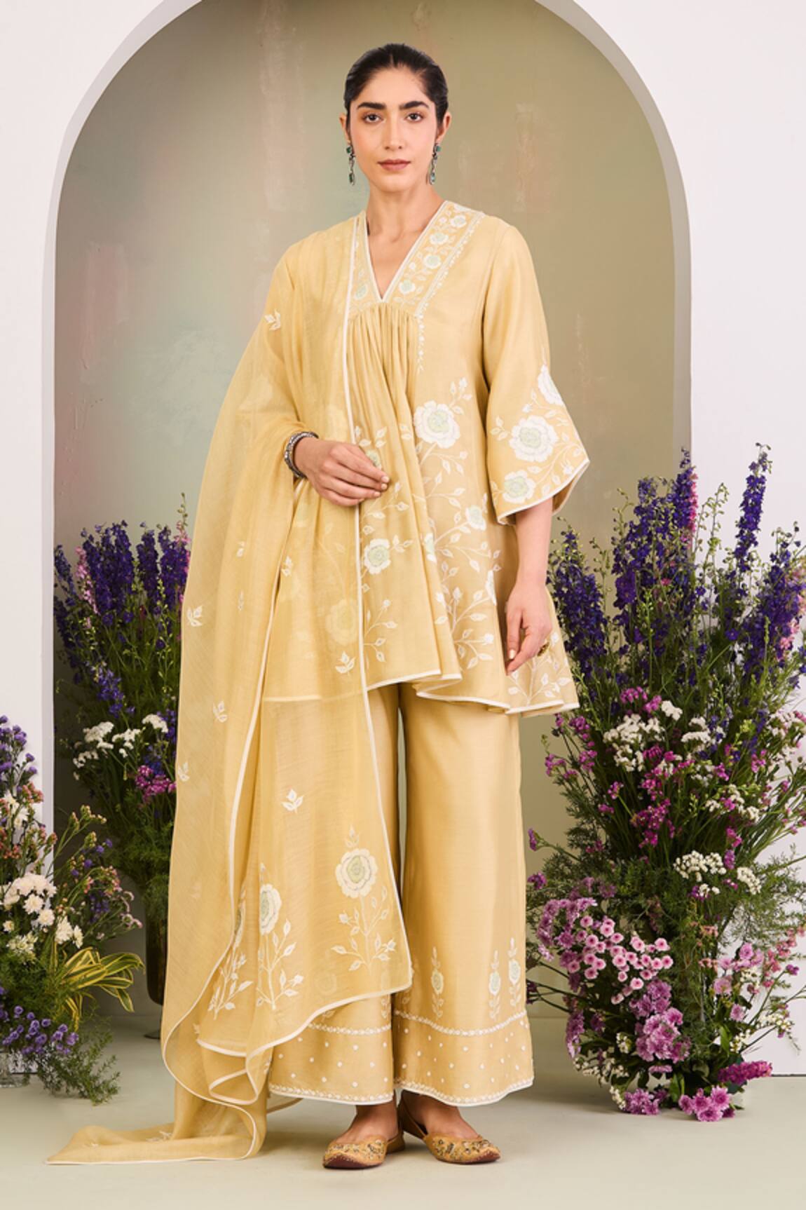 Sue Mue Pastel Yellow Embroidered Kurta Set 