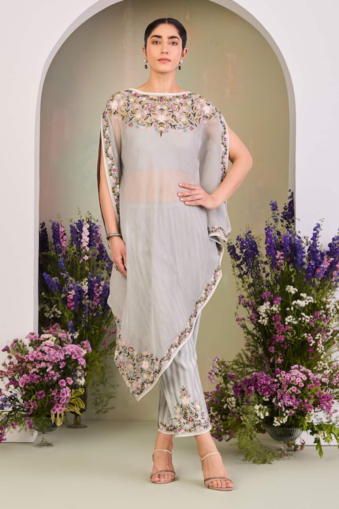 Sue Mue Embroidered Ice Blue Kaftan Set 