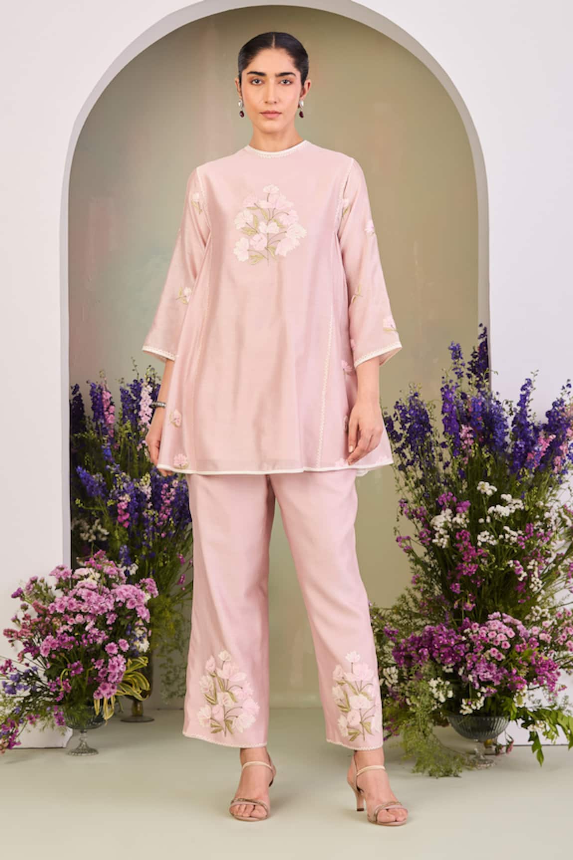 Sue Mue Pastel Pink Floral Embroidered Kurta Set 