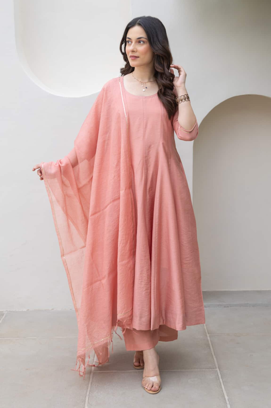 ASRUMO Blush Peach Chanderi Anarkali Set 
