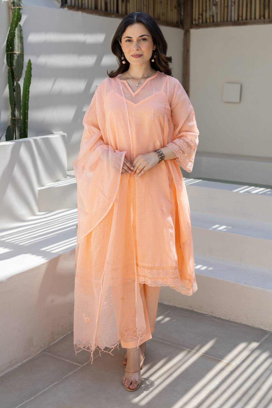 ASRUMO Peach Embroidered Doriya Kurta Set 