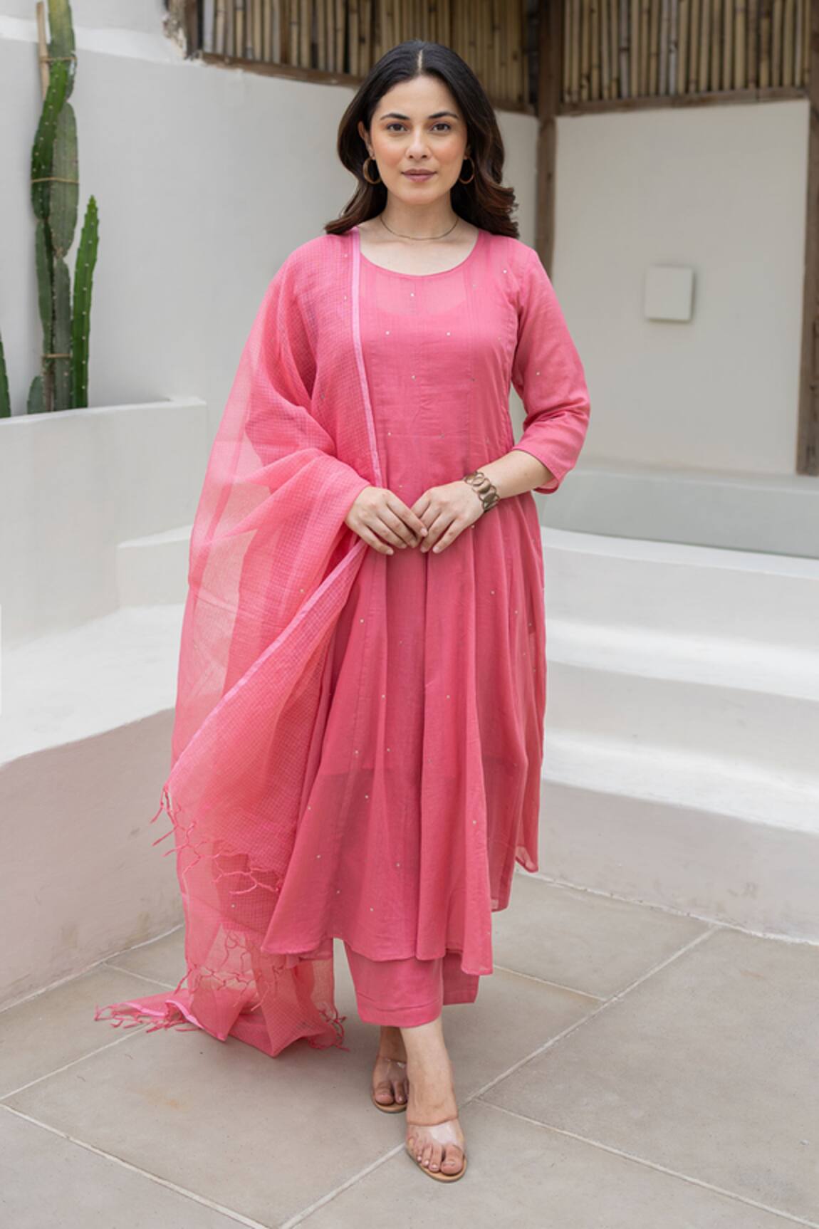 ASRUMO Neon Pink Cotton Mulmul Anarkali Set 
