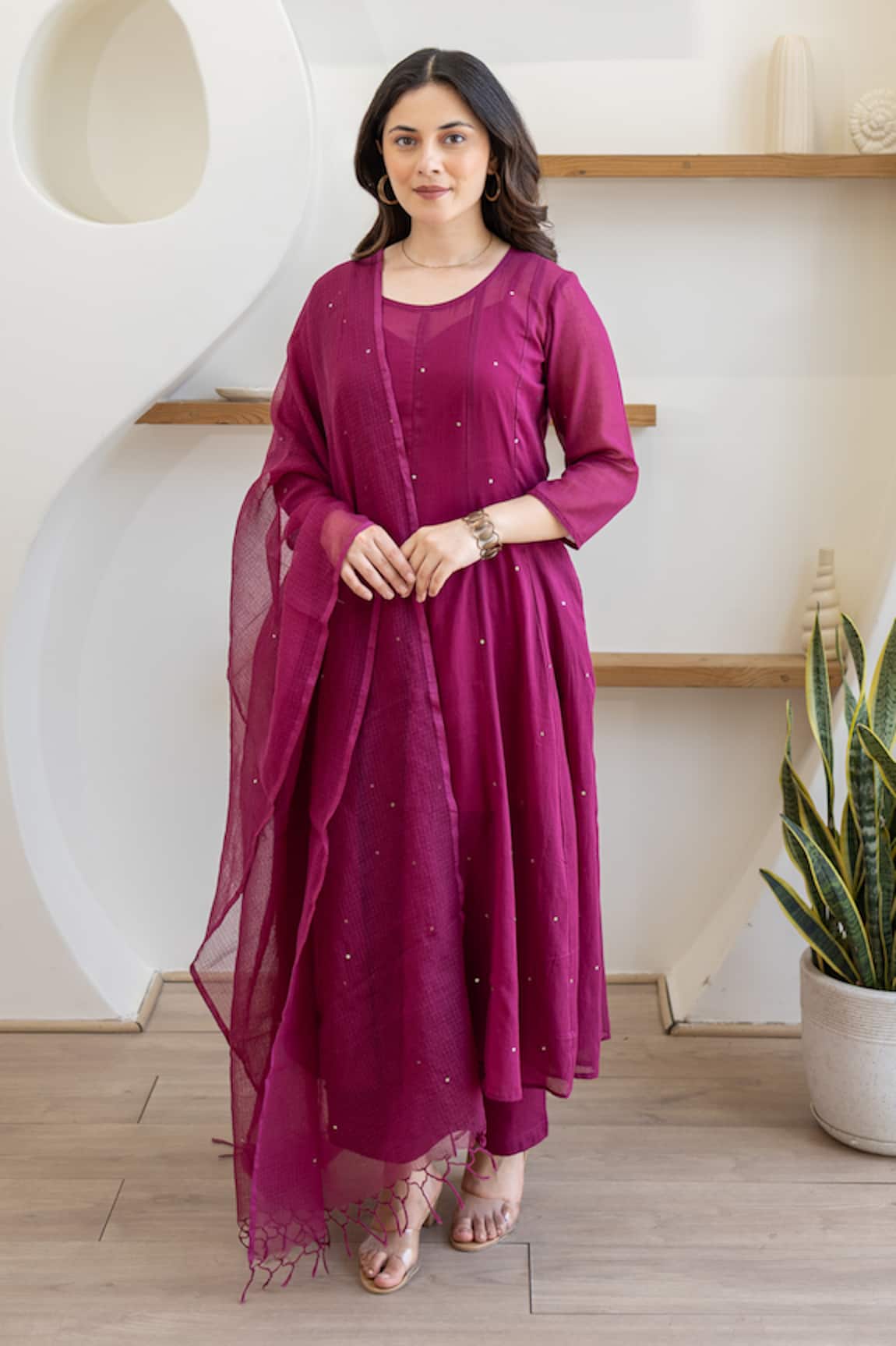 ASRUMO Magenta Mulmul Anarkali Suit Set 