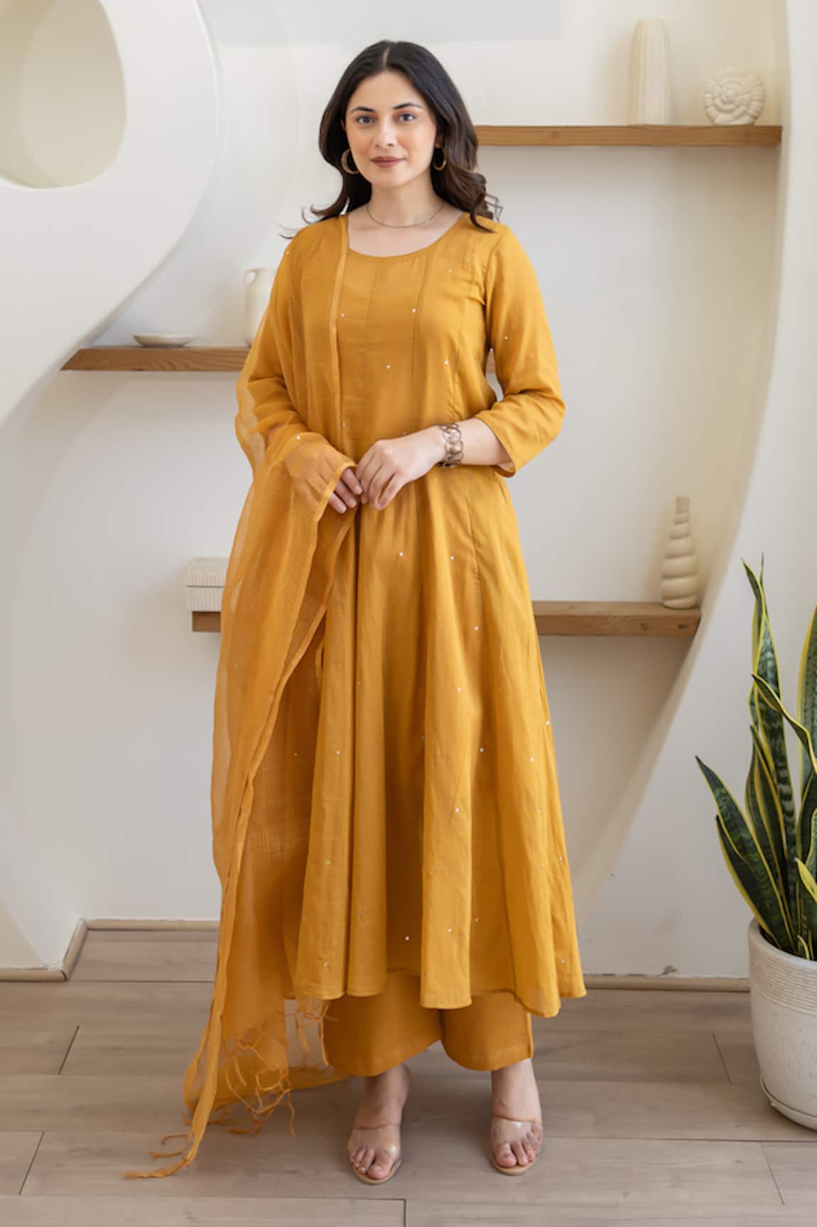 ASRUMO Sunlit Mustard Mulmul Anarkali Set 
