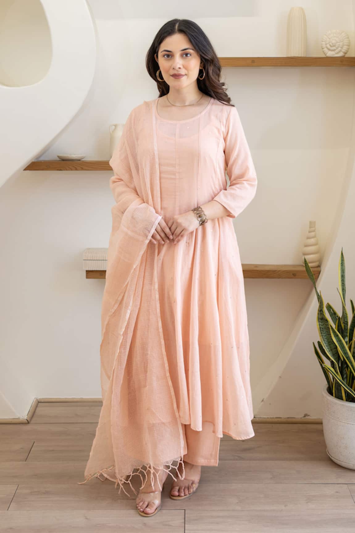 ASRUMO Blush Peach Cotton Mulmul Anarkali Set 