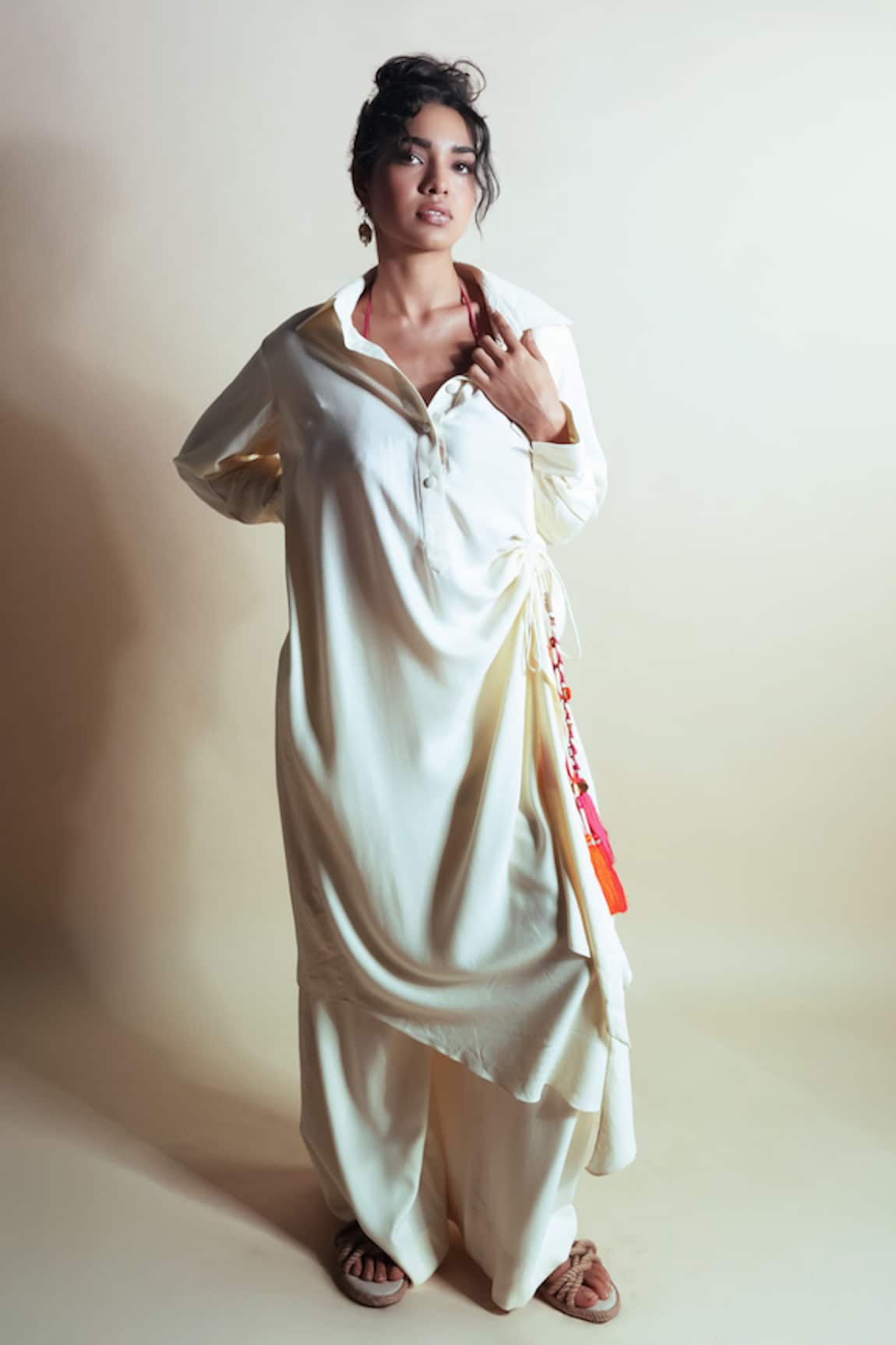 Style Junkiie Cream Rayon Twill Long Shirt Dress 