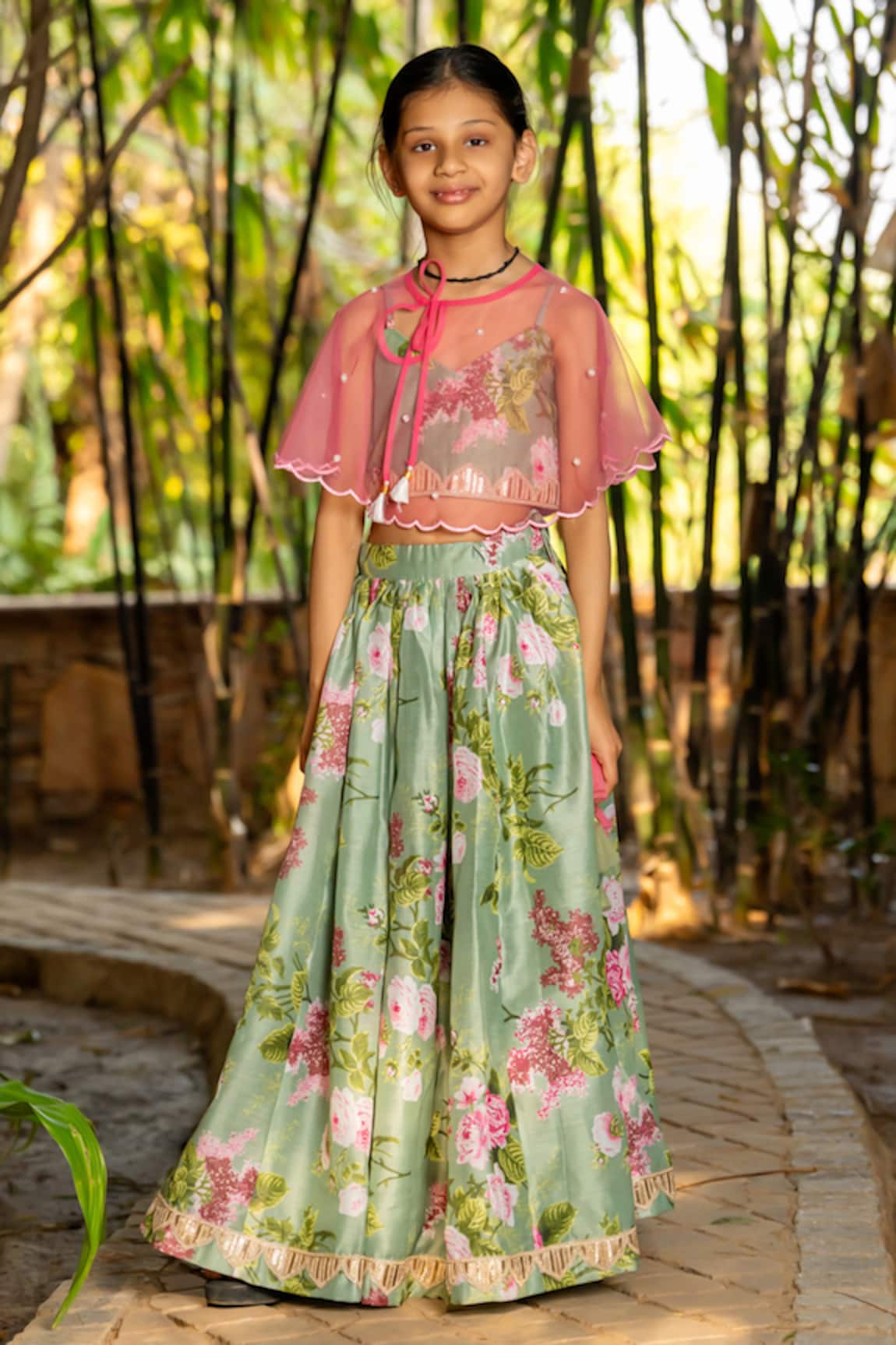 YUVRAANI JAIPUR Mint Green Printed Lehenga with Cape 