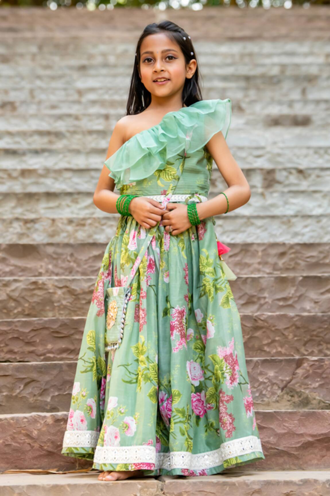 YUVRAANI JAIPUR Mint Green Printed One Shoulder Lehenga Set 