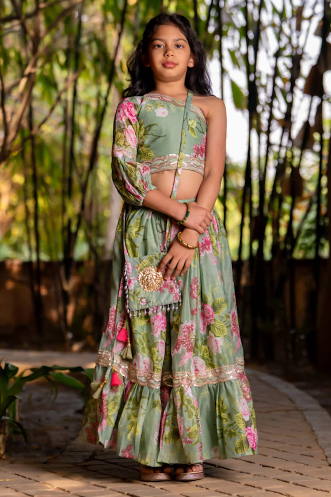 YUVRAANI JAIPUR Mint Green Printed One Shoulder Lehenga Set 