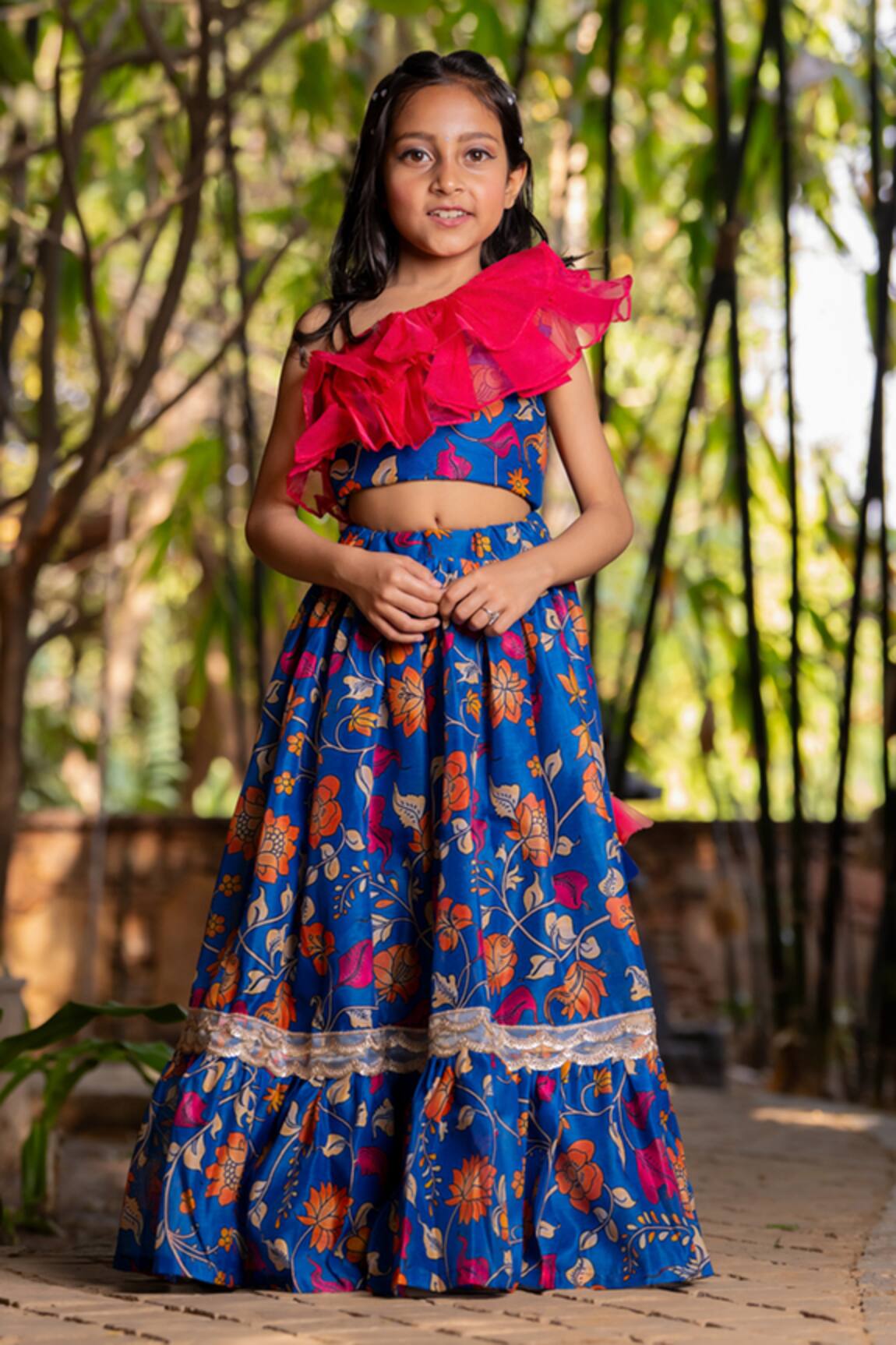 YUVRAANI JAIPUR Blue Printed Lehenga Set for Girls 