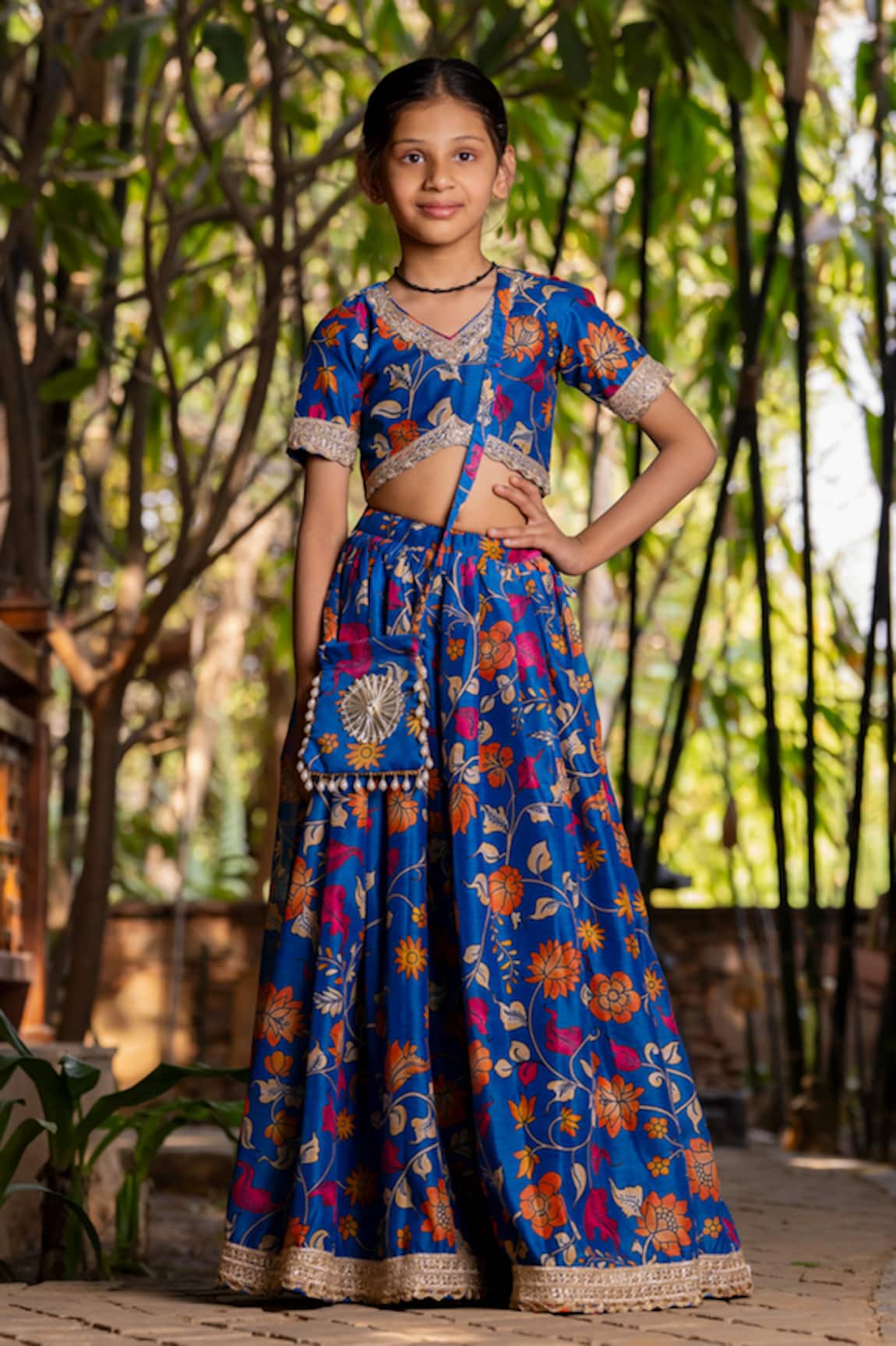 YUVRAANI JAIPUR Blue Printed Lehenga Set for Girls 