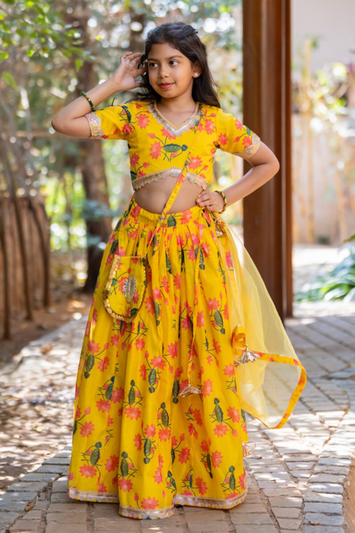 YUVRAANI JAIPUR Yellow Printed Lehenga Set for Girls 