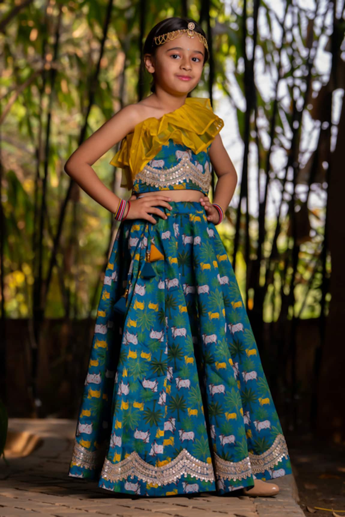 YUVRAANI JAIPUR Teal Blue One Shoulder Lehenga Set 