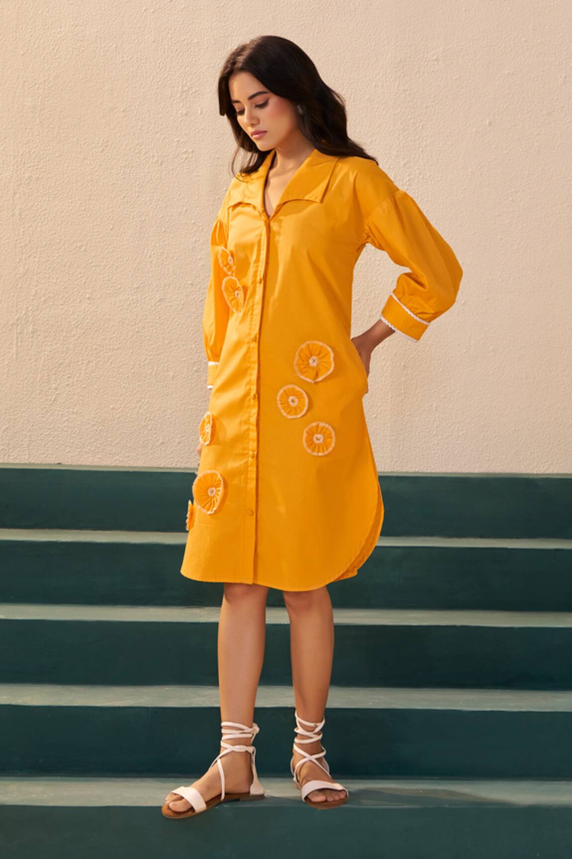Savaaya Yellow Poplin Designer Midi Dress 