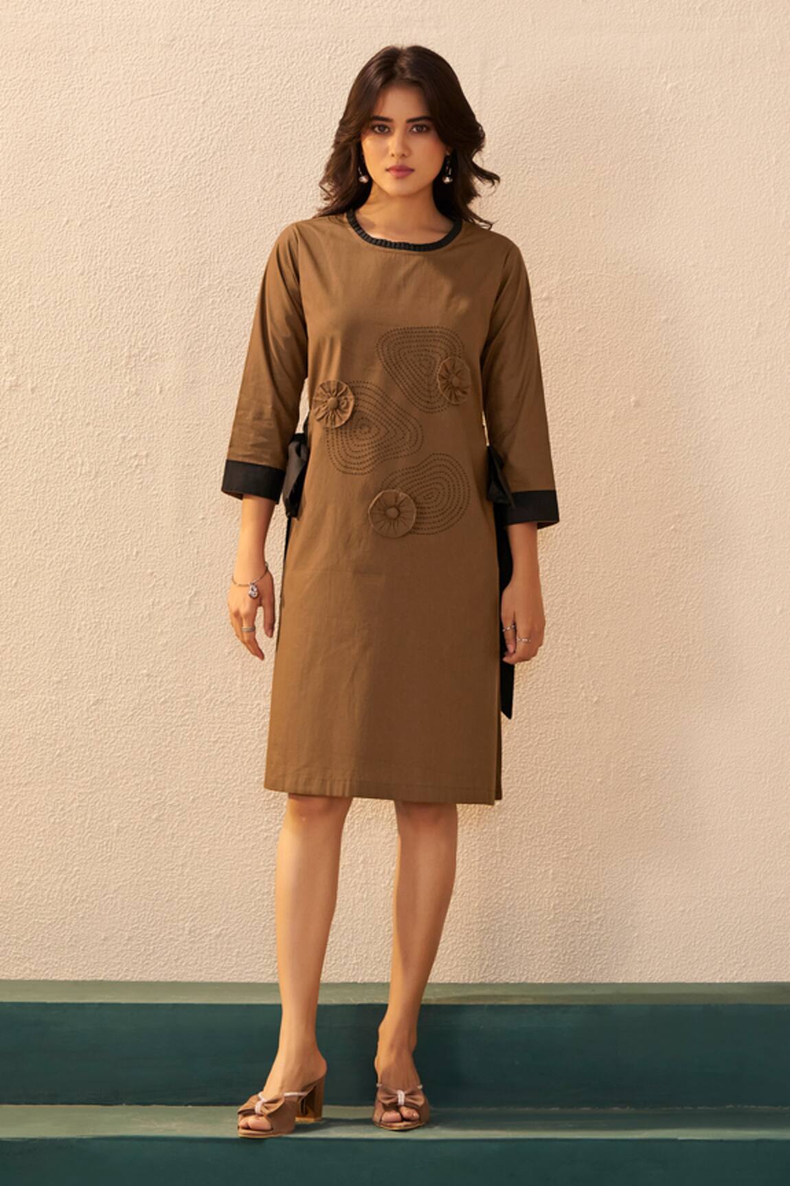 Savaaya Brown Poplin Designer Midi Dress 
