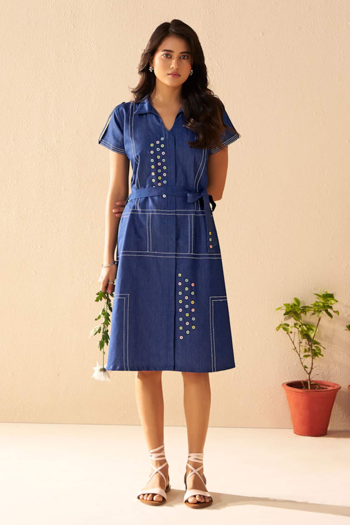 Savaaya Denim Designer Midi Dress With Belt 