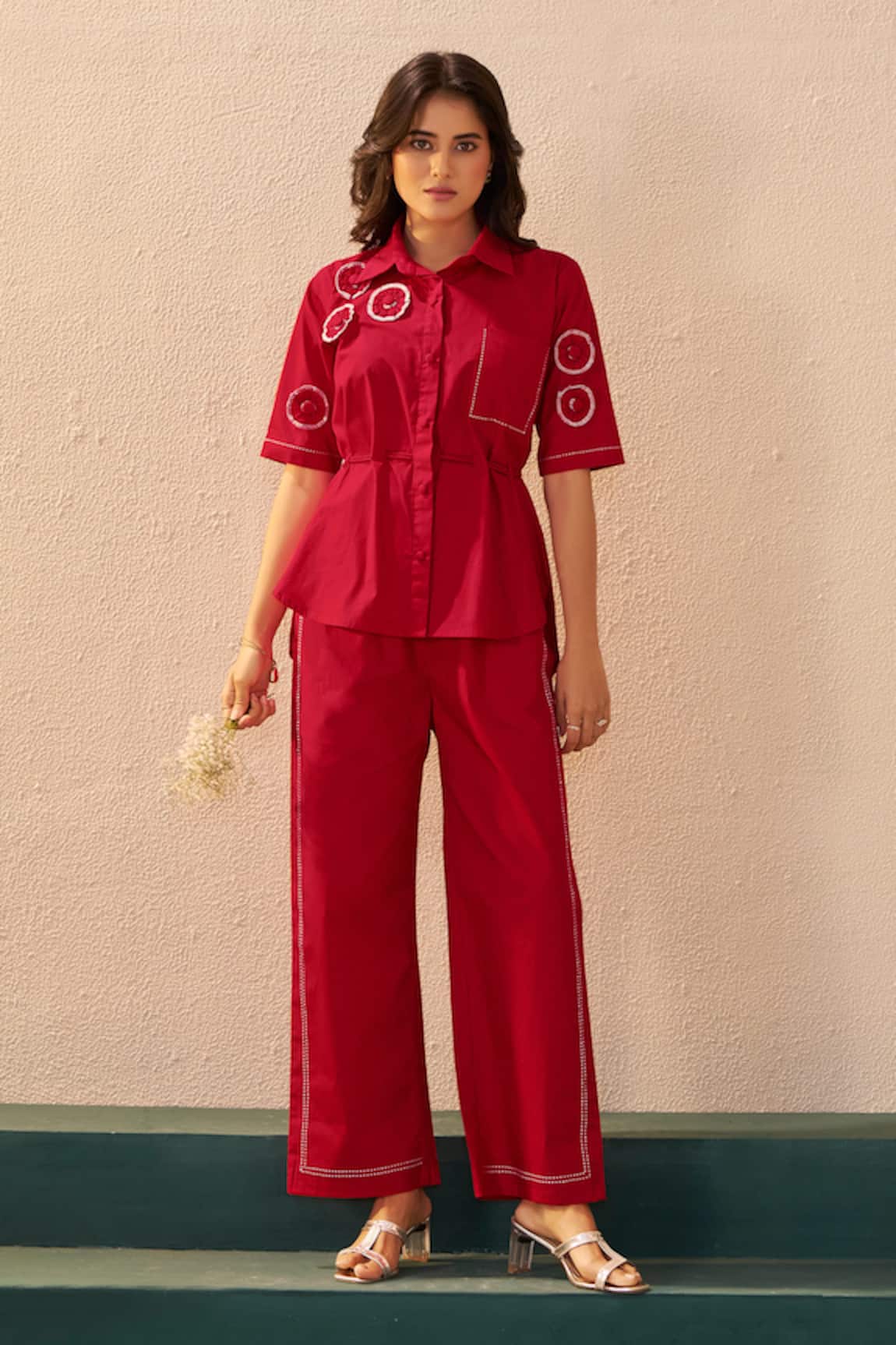 Savaaya Red Poplin Primrose Pant Set 