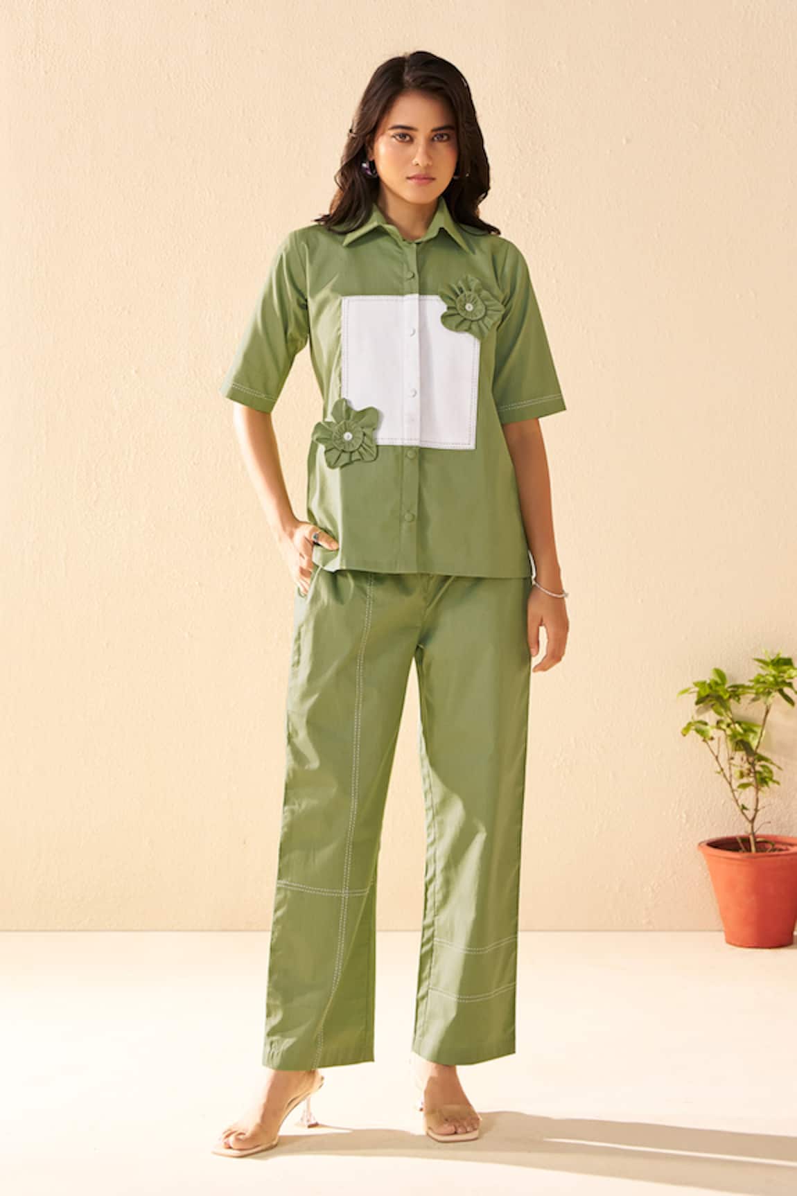 Savaaya Lush Green Poplin Pant Set 