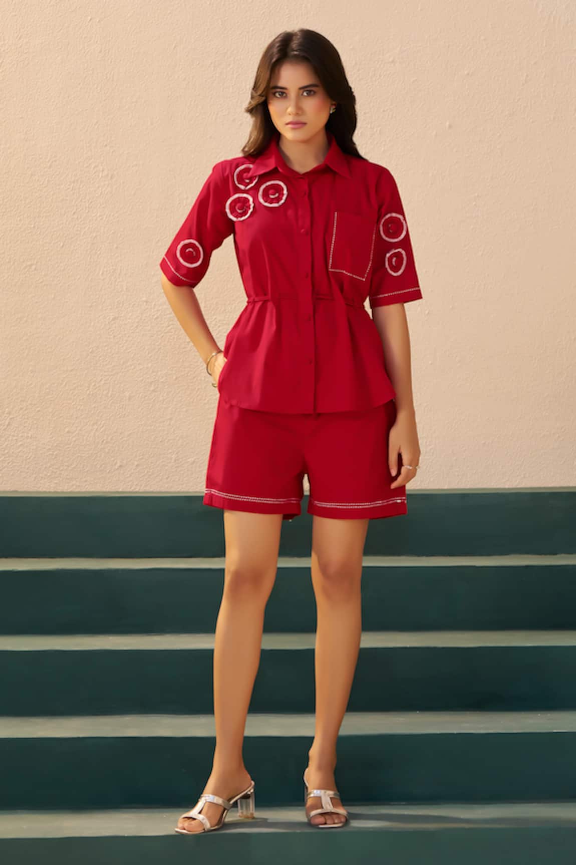 Savaaya Rose Embroidered Red Shirt & Shorts Set 