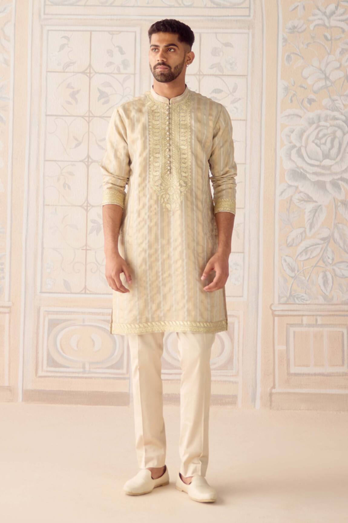Shyam Narayan Prasad Oyster Gray Metallic Embroidered Kurta Set 