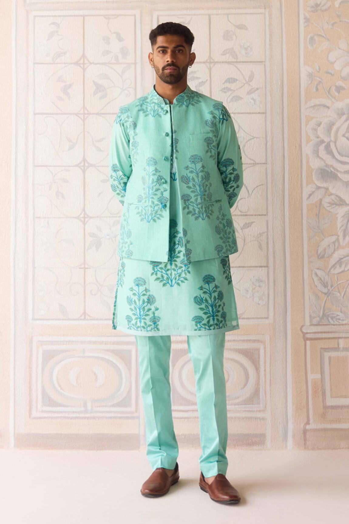 Shyam Narayan Prasad Plume Blue Chanderi Nehru Jacket Set 
