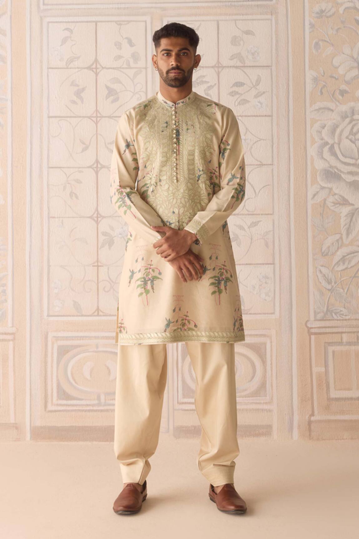 Shyam Narayan Prasad Sandshell Neutral Embroidered Kurta Set 
