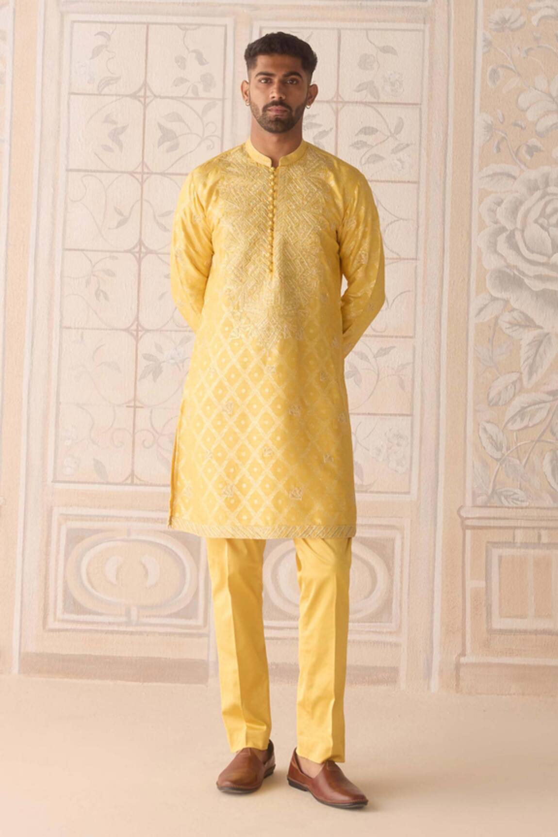 Shyam Narayan Prasad Embroidered Maize Yellow Kurta Set 